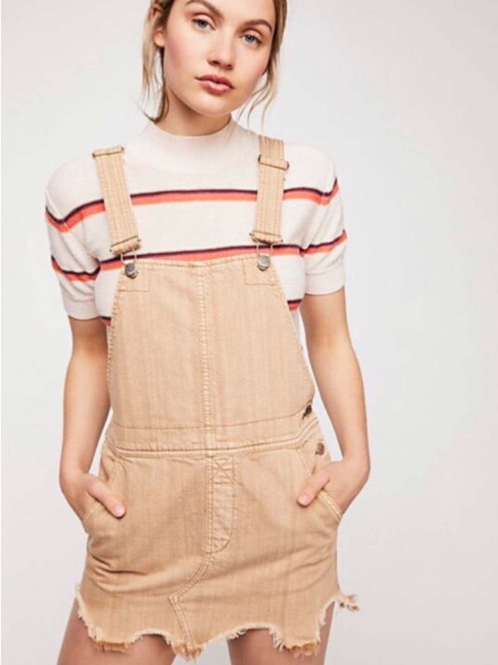 Free People Beige Denim Overall Dress